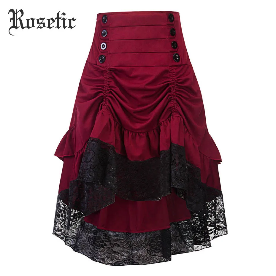 Rosetic, Готическая Асимметричная юбка, винтажная бордовая кружевная юбка с оборками, Лоскутная пуговица, Весенняя женская юбка для вечеринки, выпускного, Ретро стиль, Готическая повседневная юбка - Цвет: Burgundy