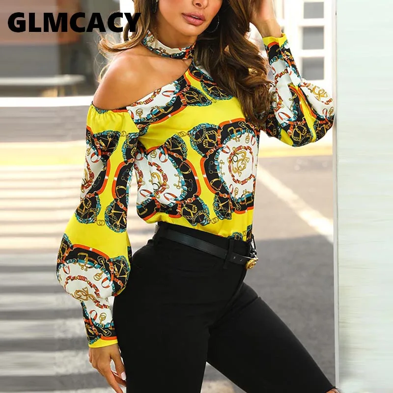 

Women One Shoulder Chain Print Blouse Assymetrical Sleeve Chiffon Casual Halter Spring Autumn Shirt