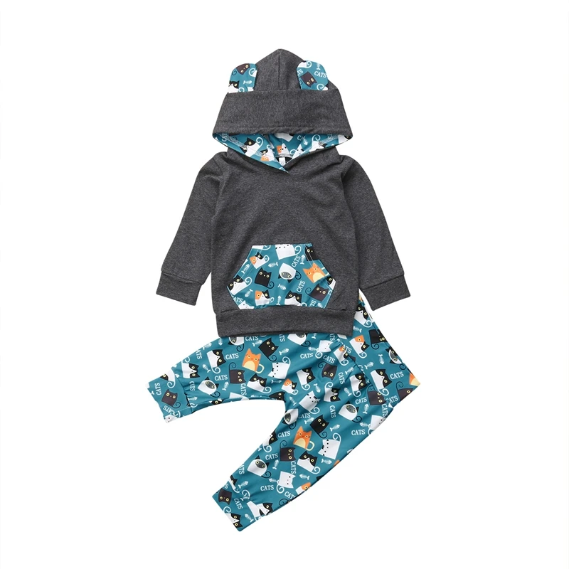 

New Newborn Baby Boys and Girls Cotton Hooded Tops T-shirt and Long Pants Clothes Outfits Set Cute