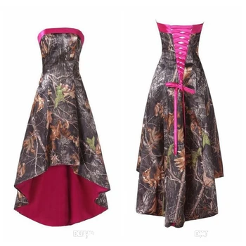 

Real Strapless Camo High Low Bridesmaids Dresses Camouflage Cheap Lace Up Back Formal Bridesmaid Wedding Party Gowns Cheap Sale