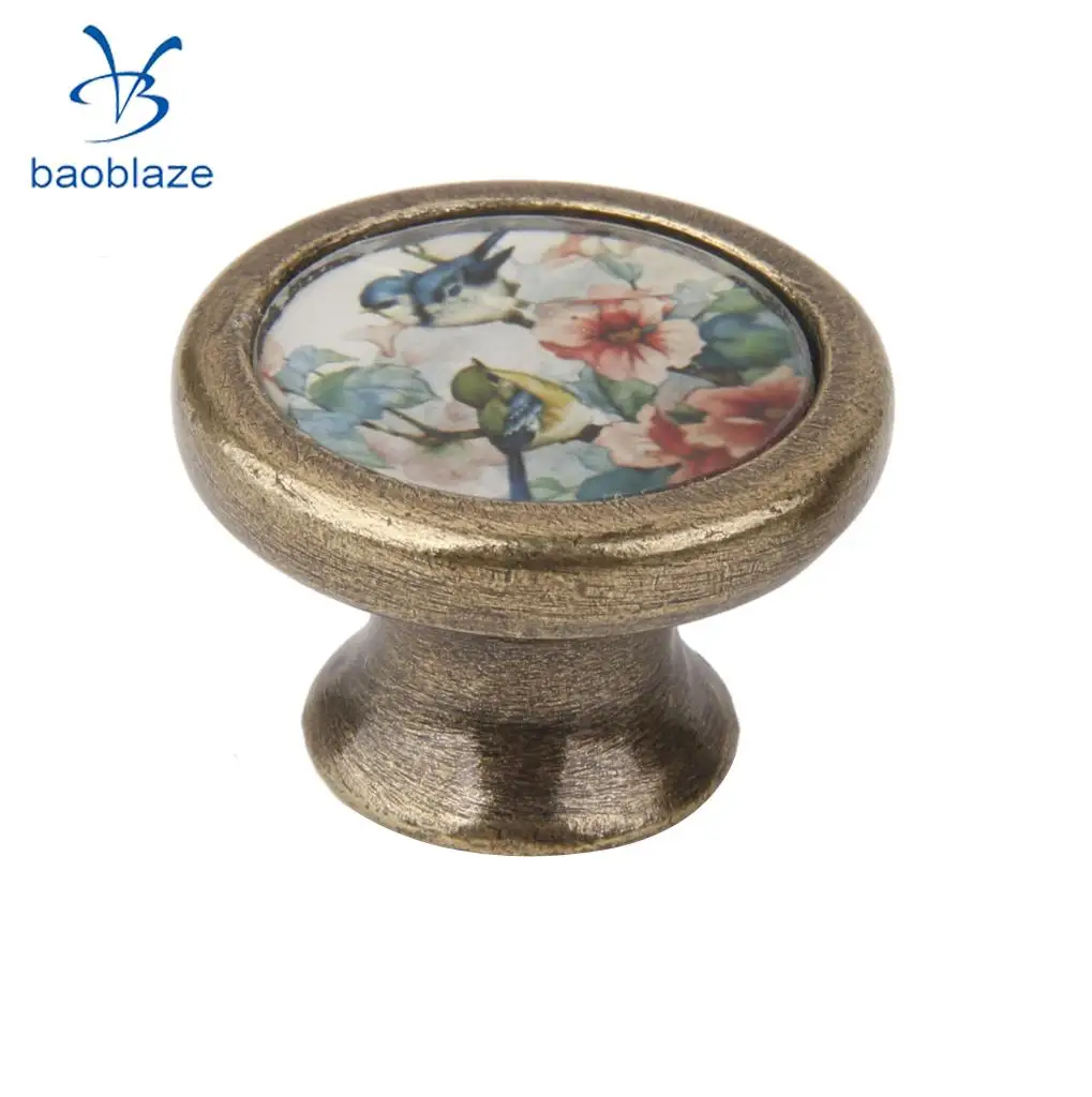 2pcs Vintage Brass Door Knob Cabinet Cupboard Drawer Dresser Pulls Handle Knob with Screws - Flower Bird