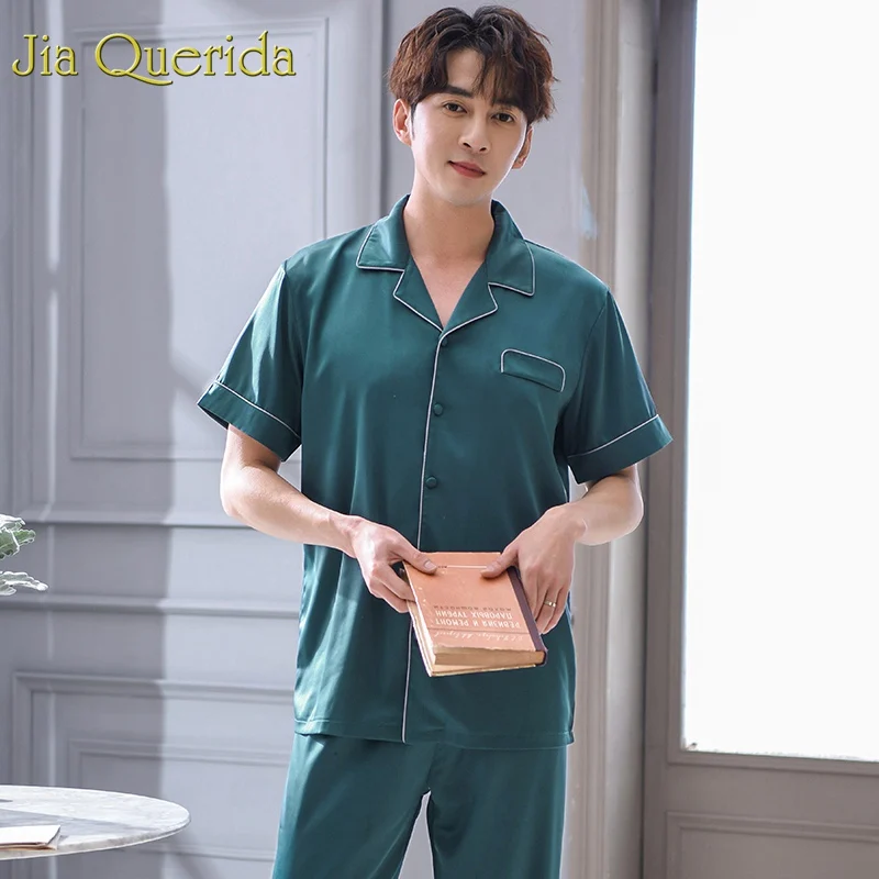 J & Q Пижама Мужской комплект атласный шелк 2019 глянцевая сексуальная пижама для
