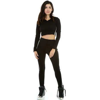 

Black stripes tracksuits women hoodies short tops two piece workout fitness tracksuit