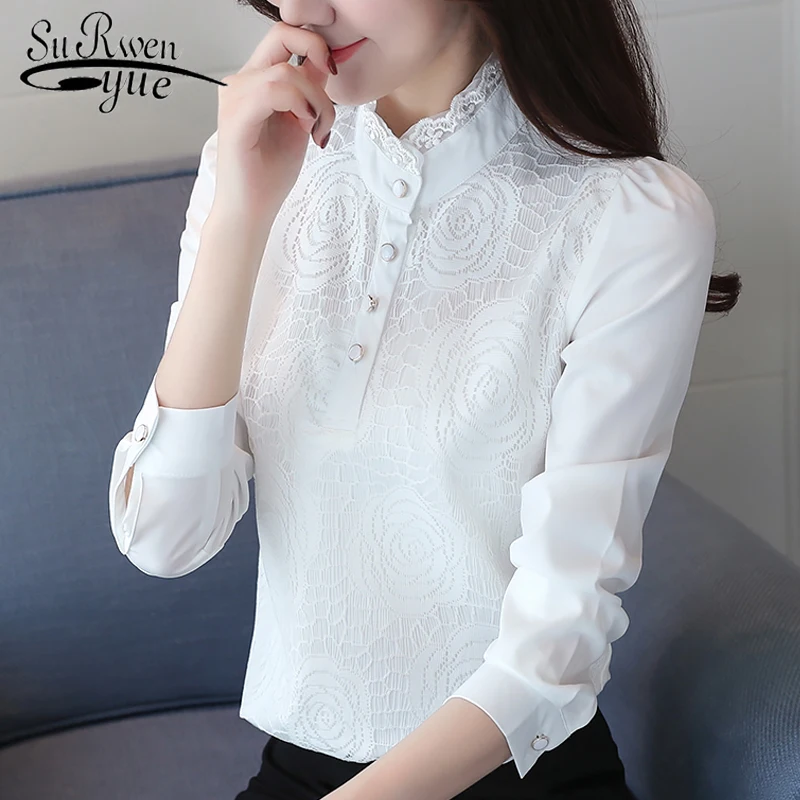 

Fashion plus size women blouses stand neck white office blouse women lace chiffon blouse shirt long sleeve women shirts 2678 50
