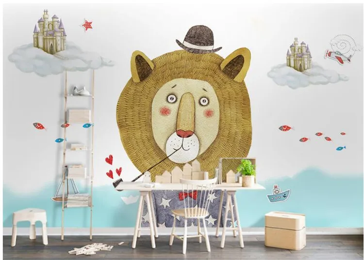 

papel de parede 3d simple cartoon lion children's room backdrop Wall village forest hut night oil painting TV