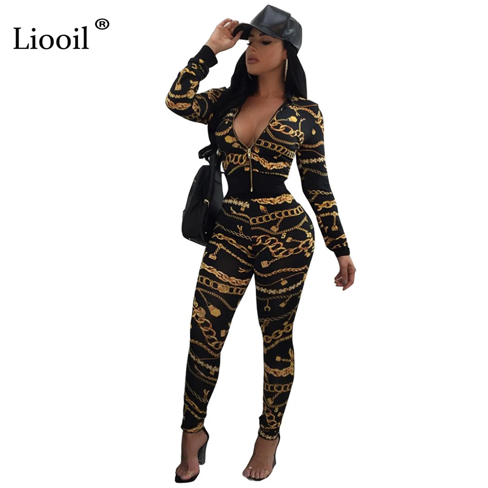 Liooil Chain Print Two Piece Women Jumpsuit Winter Long Sleeve Deep V Neck Body Suit Zip Up Sexy Women Rompers Workout Overalls Body : image Liooil Chain Print Two Piece Women Jumpsuit Winter Long Sleeve Deep V Neck Body Suit Zip Up Sexy Women Rompers Workout Overalls Body