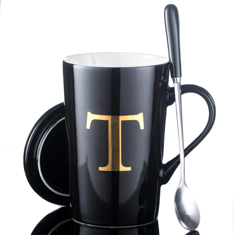 SPSCO 12 унций креативная керамическая кофейная кружка чайная чашка костяного фарфора с золотой росписью с крышкой и ложкой - Цвет: T-Black