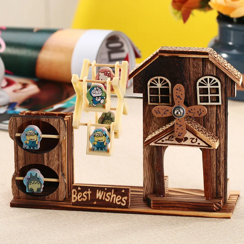 

Creative revolving windmill pen holders Multifunctional wooden pencil holder/Music box/Storage random style office organizer