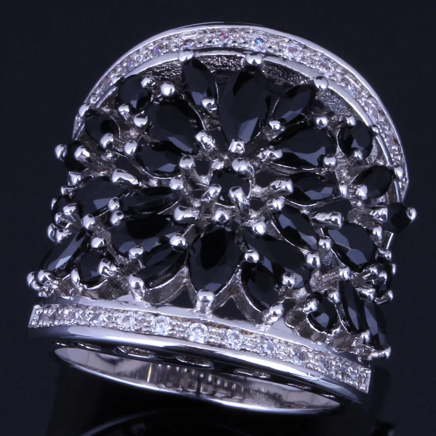 

Tantalizing Huge Black Cubic Zirconia White CZ Silver Plated Ring V0158