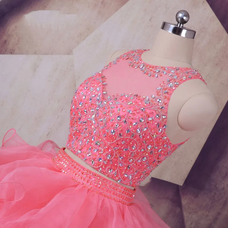 Настоящее платье из двух частей для выпускного вечера, vestidos de 15 anos, с круглым вырезом, бисером и камнями, оборками, розовые вечерние платья из органзы