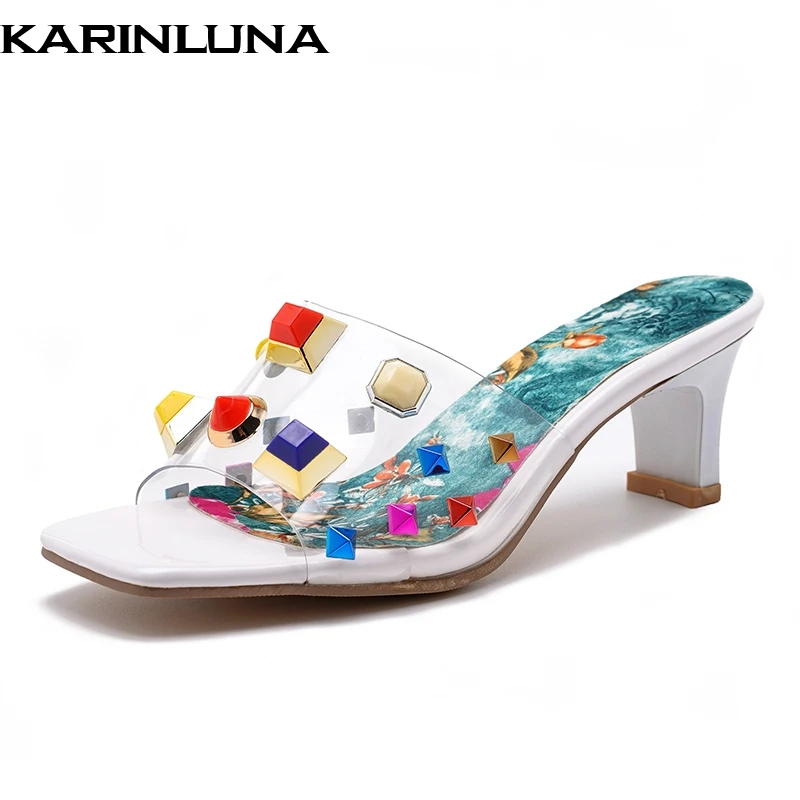 

KarinLuna New large size 32-44 Fashion Colored Crystal mules Women Transparent Summer High heels Slippers women shoes woman