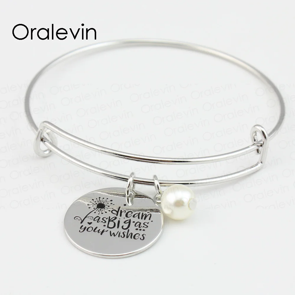 DREAM AS BIG YOUR WISHES Hand Stamped Engraved Custom Round Pendent Charms Expandable Wire Bracelet Gift Jewelry #LN161B | Украшения и