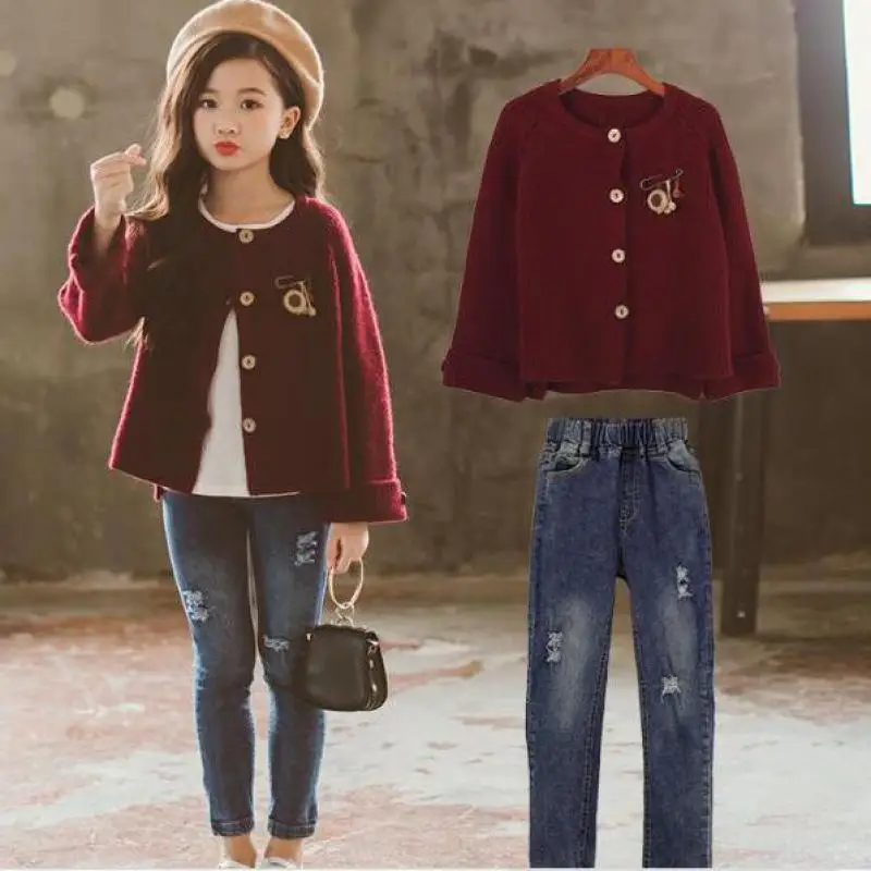 

Girls Clothing Set 2019 New Autumn Fall Fashion Girls Long Sleeve Design Cardigan Sweater + Denim Pants Jeans 2pcs Girls Clothes