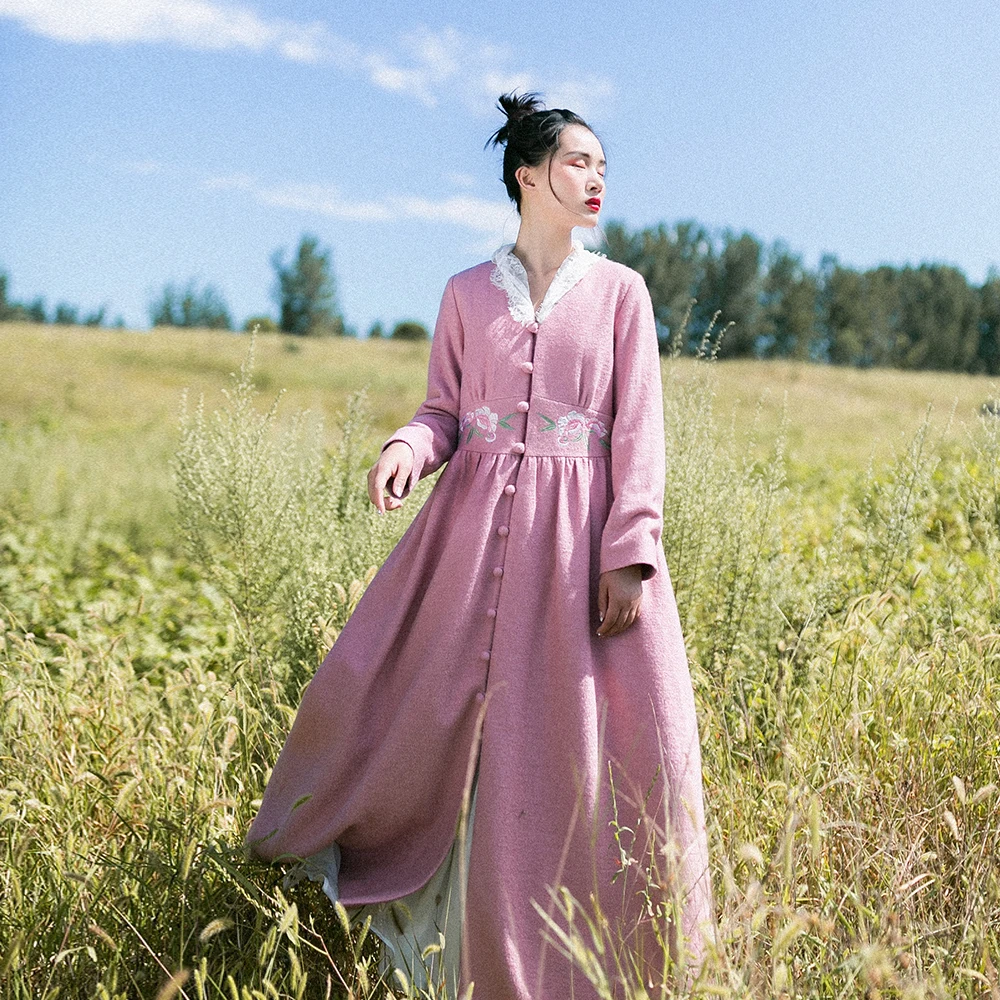 Brodé Pink 2018 Irinaw774 De Dentelle Type Jupe Collection Laine Manteau Automne Col Vintage Hiver Long Femmes XwUaq