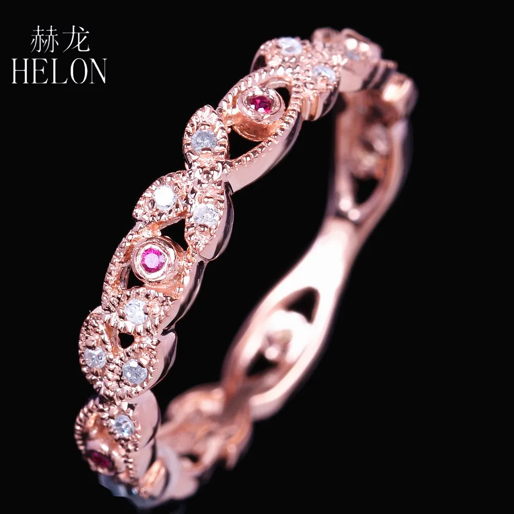 

HELON Real Diamonds Ring Solid 14K Rose Gold Natural Diamonds & Pink sapphire Wedding engagement Ring Anniversary Fine Jewelry