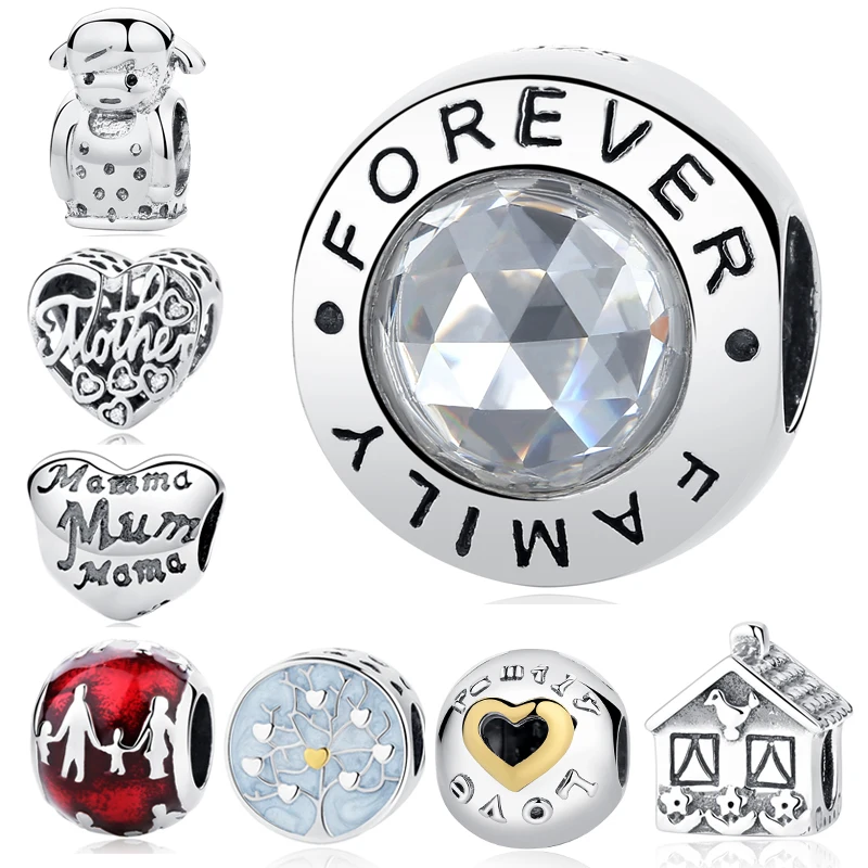 

Authentic 925 Sterling Silver Mother Daughter Family Beads Crystal Heart Hanging DIY Charms Fit Original Pandora Bracelets