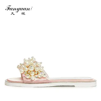 

Fanyuan Women Slippers Flat Casual Women Shoes Handmade Pearl Slides Female Soft Beach Slippers Bling Crystal Flip Flops Sandals