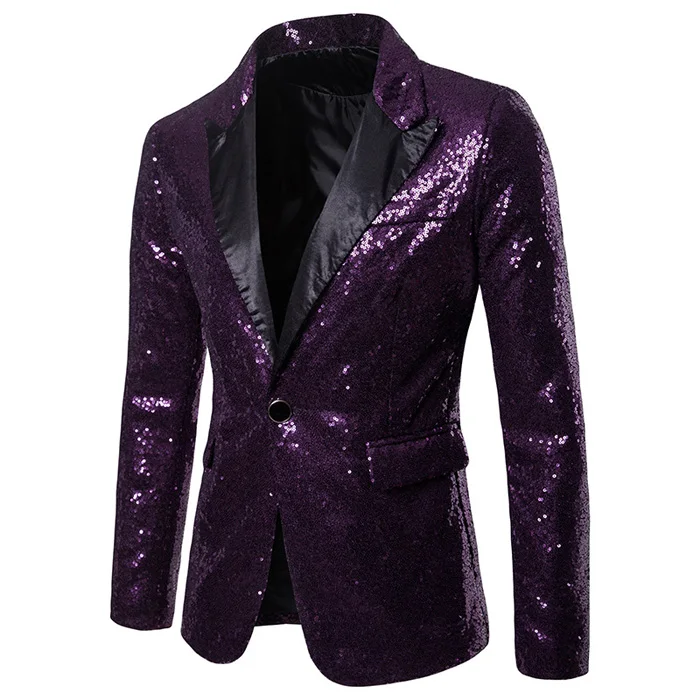 Мужской модный черный блейзер с блестками, мужской пиджак для ночного клуба, вечерние сценический костюм для диджея, певца, Homme, приталенный мужской пиджак на одной пуговице - Цвет: purple