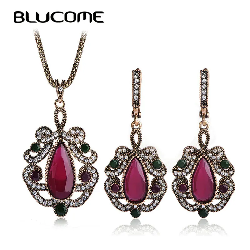 

Blucome Turkish Flower Shape Necklace Earring Jewelry Set Resin Alloy Women Lady Party Banquet Wedding Vintage Accessories Gifts