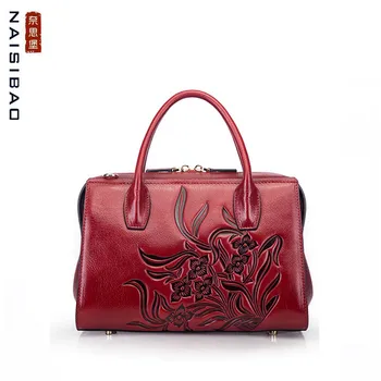 

NAISIBAO 2020 New women Genuine Leather bag Embossed Top cowhide fashion luxury handbags designer women leather Boston bag