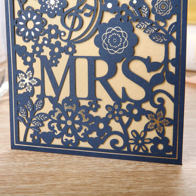 50pcs White Gold Blue Laser Cut Wedding Invitations Card MR&MRS Elegant Greeting Cards Envelopes Wedding Party Favors Decoration