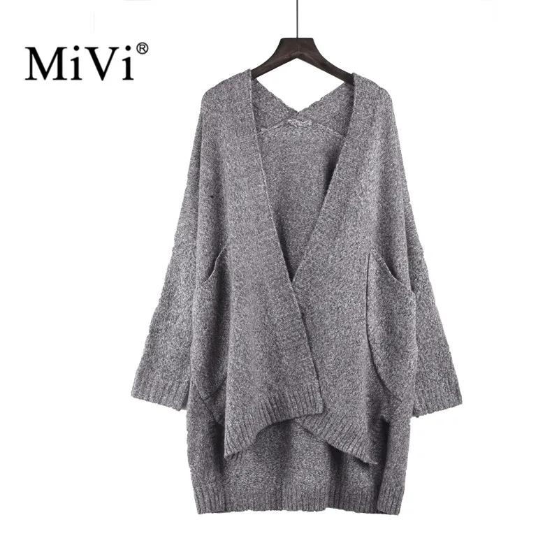 MIVI Brand Open Cardigan Stylish Rib Knitted Long Sweaters Pockets