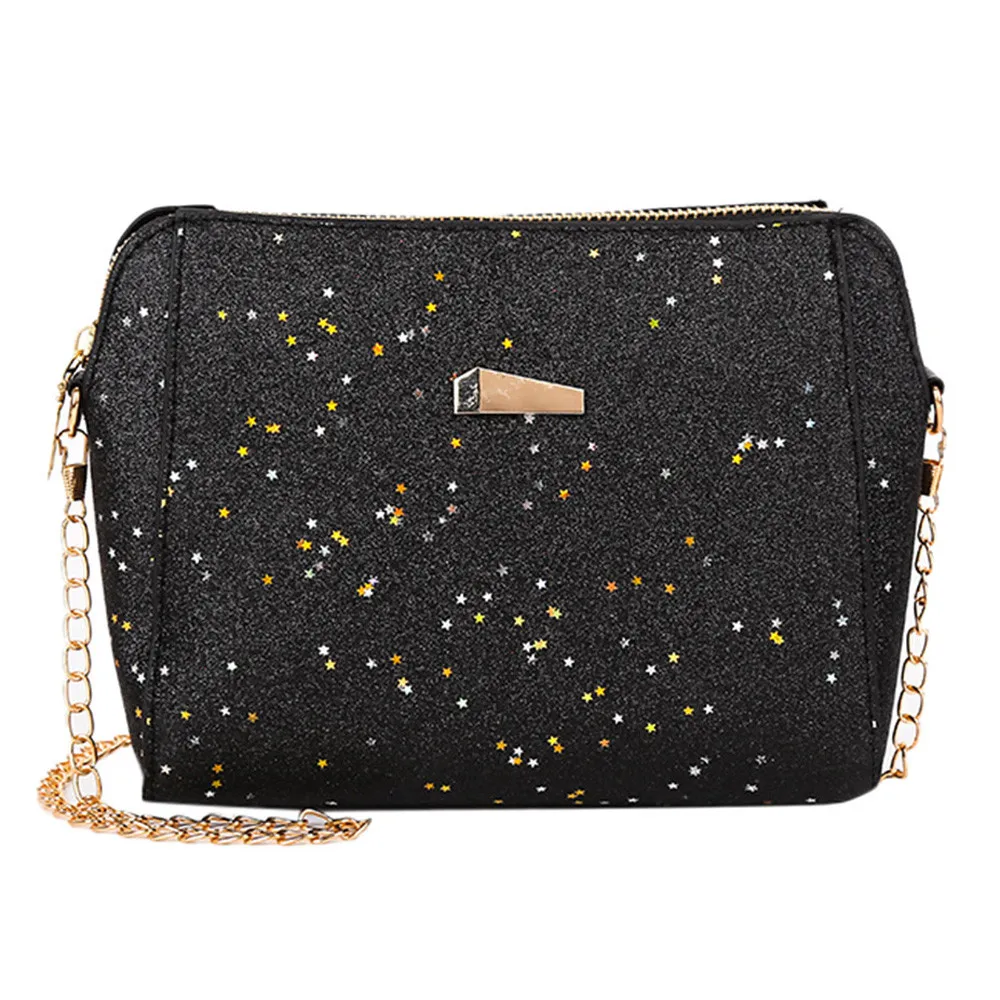 Женская кожаная сумка мессенджер Bolsa расшитая блестками с цепочкой на