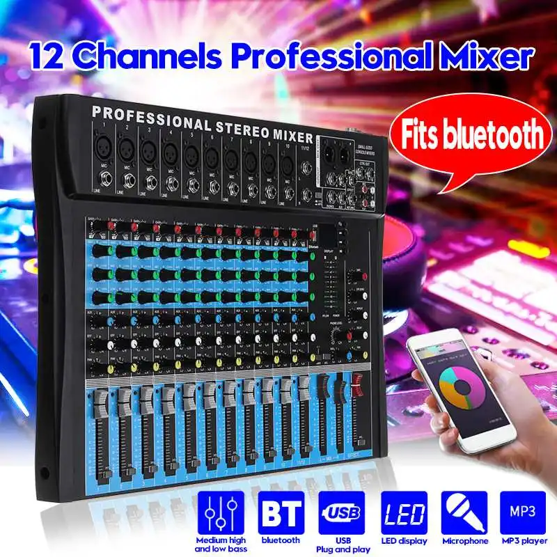 

Karaoke Mixer 12 Channel bluetooth USB Studio Audio DJ Mixing Console Amplifier Digital Microphone Sound Mixer Sound Console