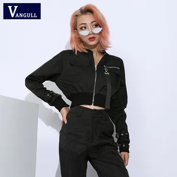 

Vangull Women Black Streetwear Cropped Jackets Spring Autumn Long Sleeve Zipper Jackets Slim Adjustable Sleeve Fashion Jackets