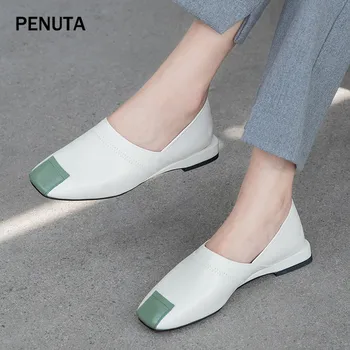 

2019 PENUTA Womens Leather Moccasins Korean Flats Ladies Casual Shoes New Designer Oxford Shoes Slip On Genuine Leather PF907