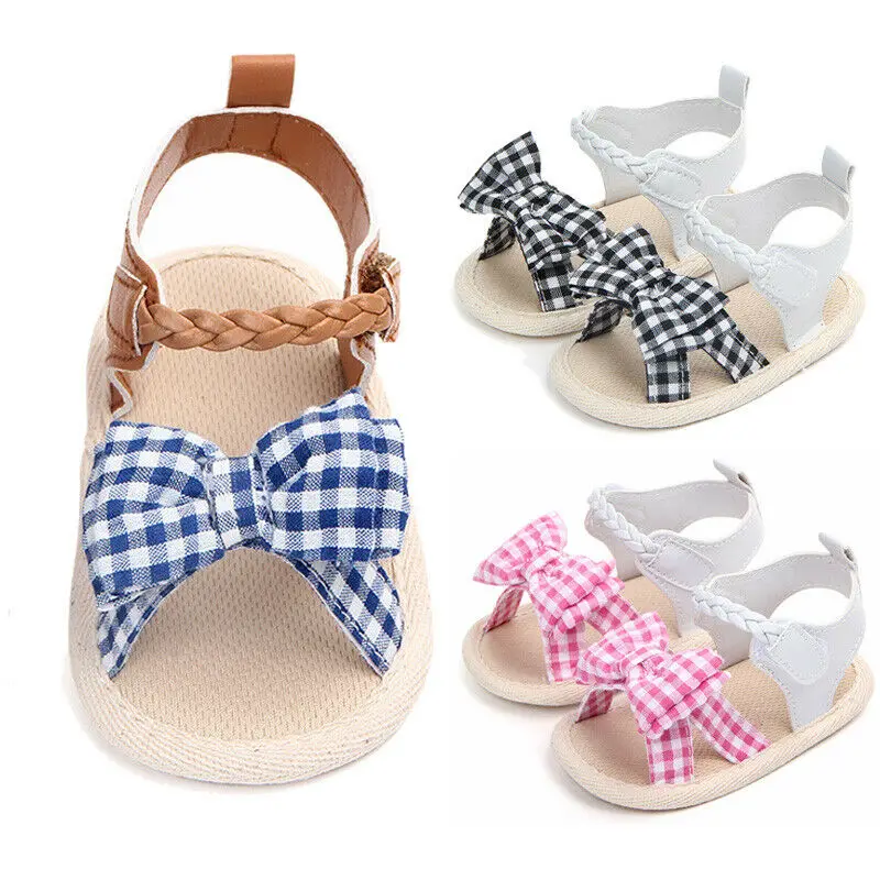 2019 Newborn Baby Girl Soft Sole Crib Shoes Infant Toddler Plaid Bowknot Sandals First Walkers Summer Princess Shoes Dress 0-18M