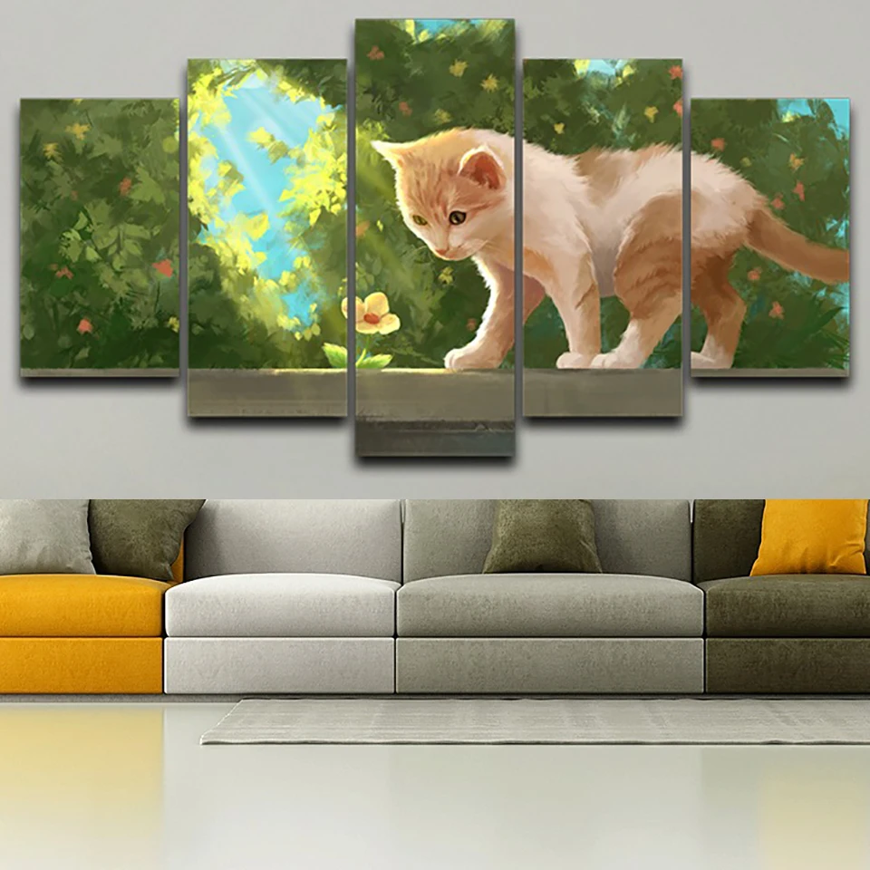 Modern Wall Art Pictures HD Printed Painting On Canvas Home 5 Panel Cat