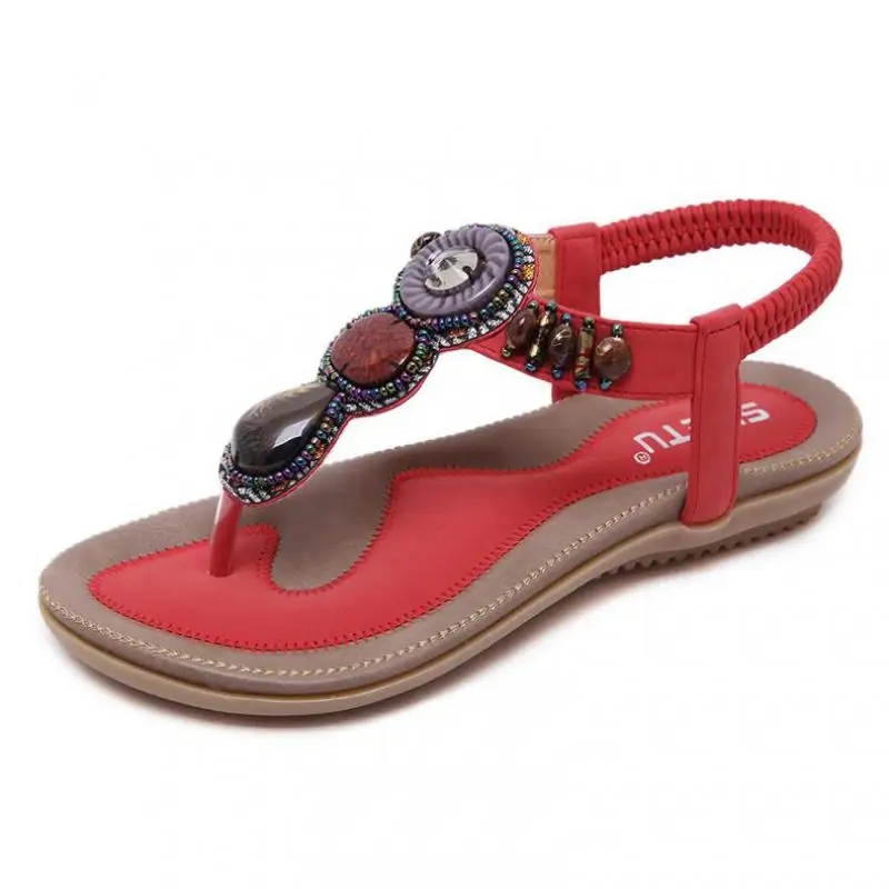 

Bohemian Beaded Flat Sandals Women 2018 Summer Soft Comfortable Elastic Band Beach Sandals Flats Red Black Pink Casual Sandale