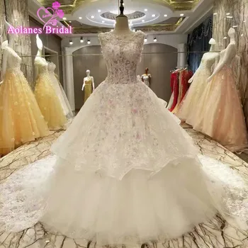 

Real Photo Ball Gown Wedding Dresses Gowns Scoop Neck Sleeveless Beaded Lace Appliques Wedding Dress Long Train robe de mariage