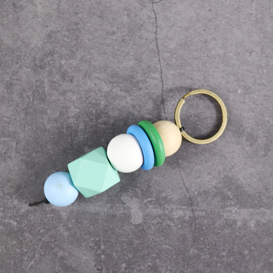

MInt Blue green keychain Geometric Wooden beads key ring llaveros para mujer bag charm