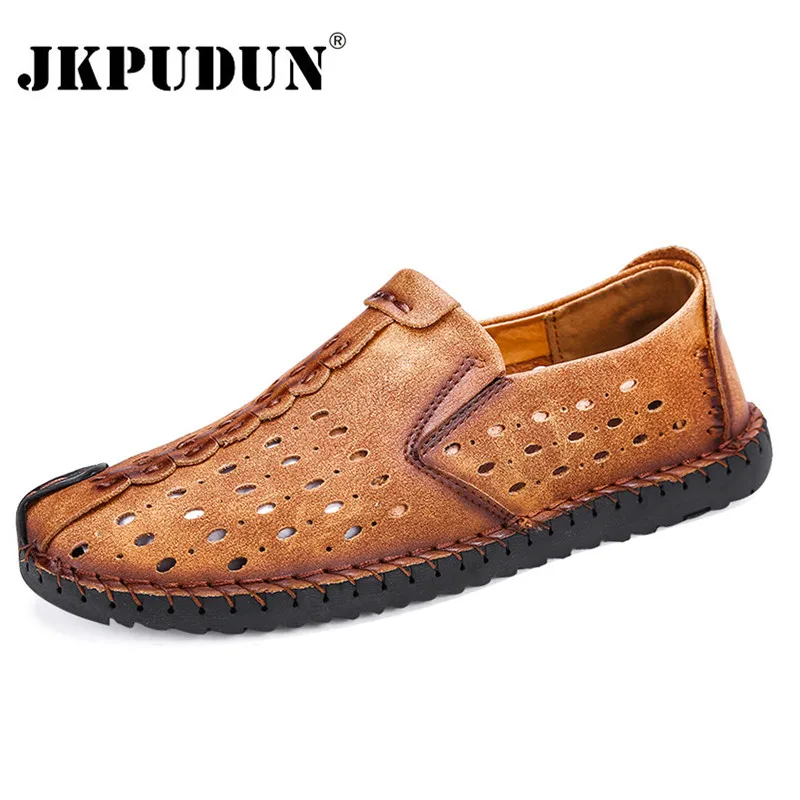 

JKPUDUN Summer Men Shoes Casual Italian Slip on Mens Loafers Moccasins Handmade Genuine Leather Breathable Male Driving Shoes