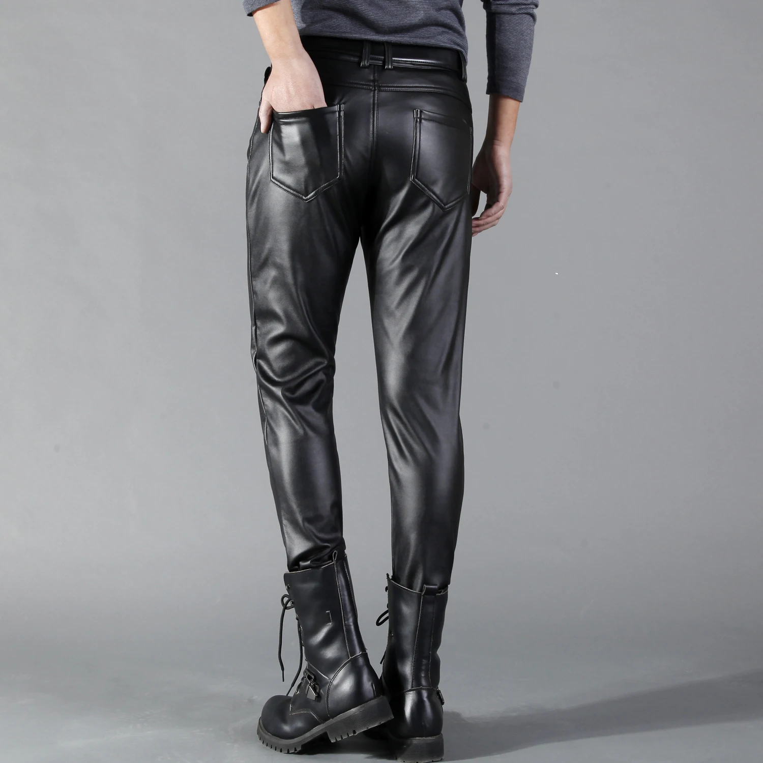 Thoshine Brand Summer Men Leather Pants Skinny Fit Elastic Style Fashion PU Leather Trousers Motorcycle Pants Thin Streetwear