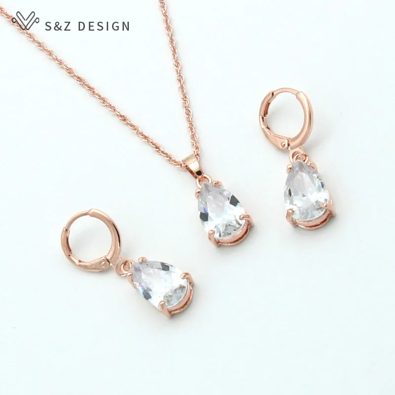 S&Z DESIGN New Fashion Water Drop Cubic Zirconia 585 Rose Gold Color Dangle Earrings Jewelry Set For Women Wedding Party Gift