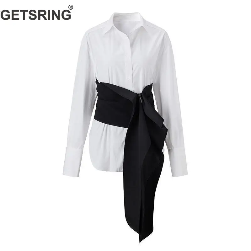 

GETSRING Women Blouse Long Sleeve Cotton White Shirt Vintage Long White Blouse With Black Waistband All Match Ladies Tops Summer
