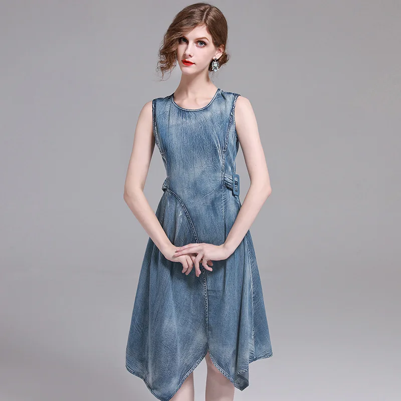 Women denim clothing 2017 fashion vintage sleeveless slim Sash