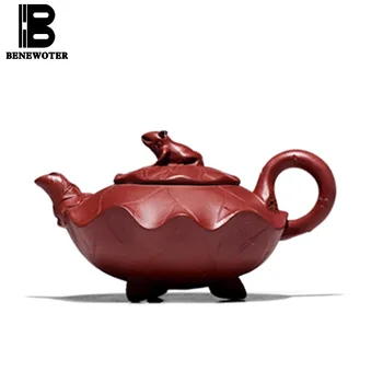 

260ml Antique Zisha Red Mud Frog Lotus Leaf Pot Handmade Carving Yixing High Feet Tea Pot Purple Clay Teapot Kung Fu Tea Set