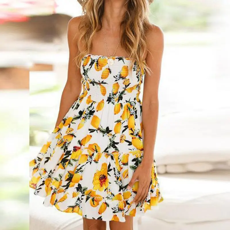 

Women Sexy Off Shoulder Strapless Lemon Print Dress Pleated Flowy Skater Mini Dress Bohemian Floral Ruffles Trim Sundress