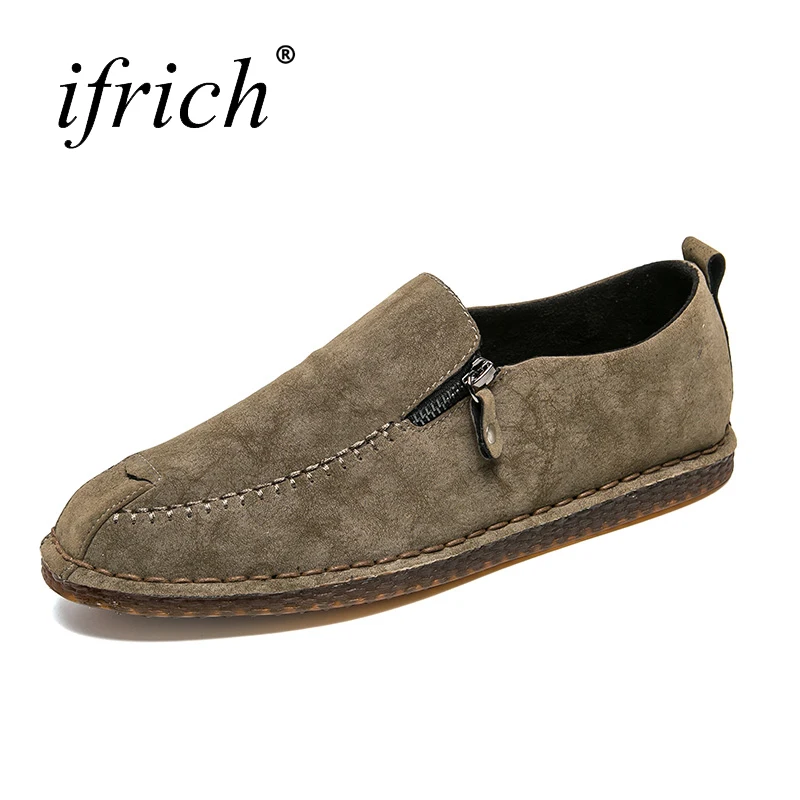

Ifrich Breathable Anti-Slip Loafers Sneakers Male Casual Zip Flat Shoes Mans Khaki Black Men's Boat Footwear