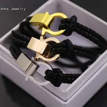 Великолепный дизайнерский подлинный кожаный плетеный браслет, черная кожа с фурнитурой из нержавеющей стали, винтажные плетеные кожаные браслеты