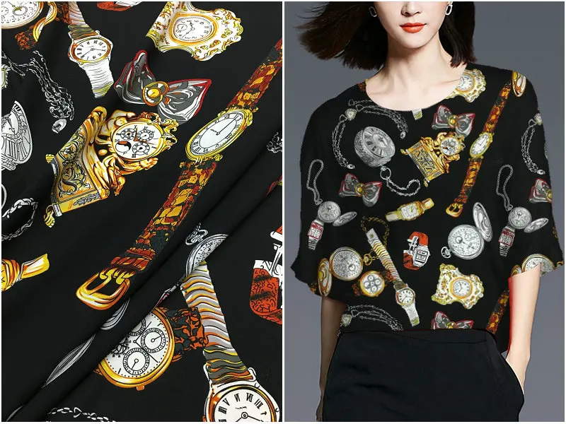 

Brand watch printing 140cm wide silk crepe de Chine fabric pure silk dress clothing fabric anti-wrinkle fashion women's clothing