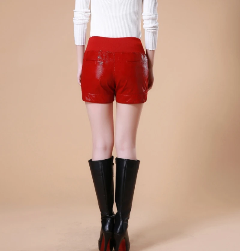 Змея печати шорты из натуральной кожи Для женщин бренд красный/черный узкие с эластичным поясом Короткие штаны Street Повседневное овчины