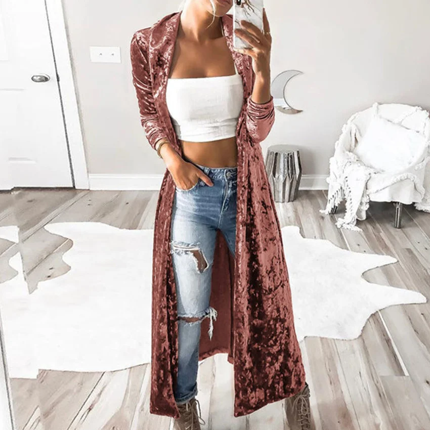 

Women Autumn trench Coats Long Sleeve Solid Straight Long Coat Velour Cardigan Casual Outwear Plus Size streetwear abrigo mujer