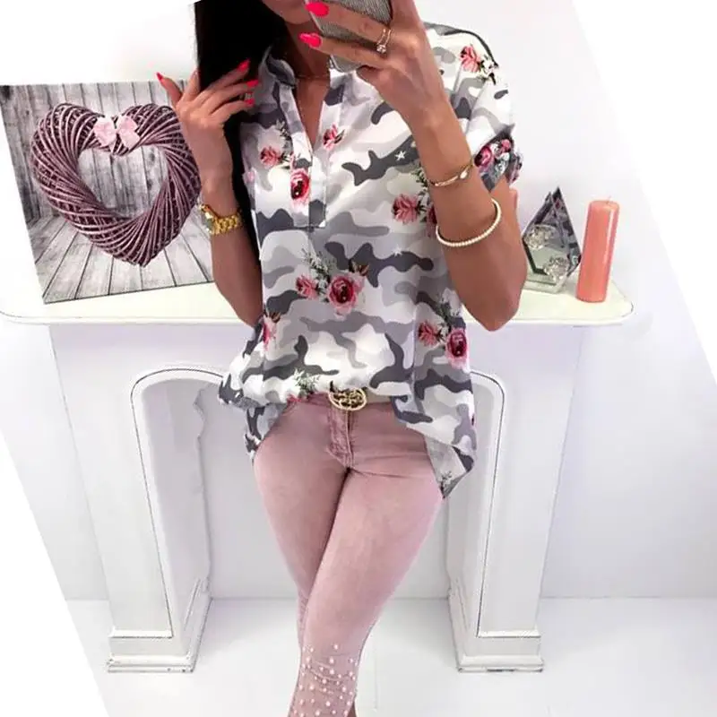 Achat 2018 Été Automne Blouse Chemises Femmes Camouflage Tops Imprimé floral Élégant Manches Courtes En Mousseline de Soie Blusas Femininas WS9012C
