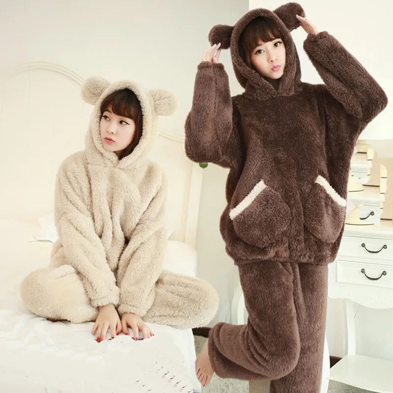 

2019 Autumn Women Flannel Pajamas Set Solid Coral Fleece Bear Hooded Pajamas Sleepwear Thickened Warm Pajamas Set