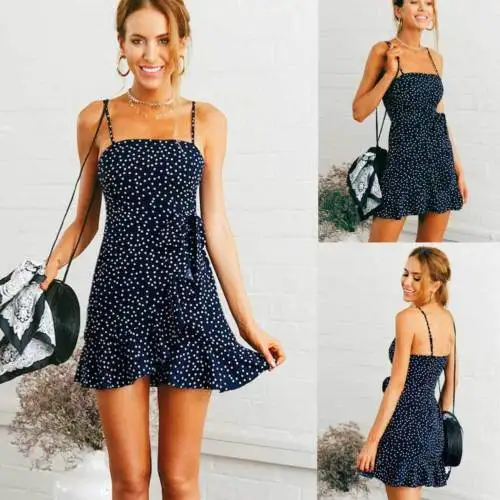 Женское летнее сексуальное короткое мини платье в горошек без рукавов Boho с